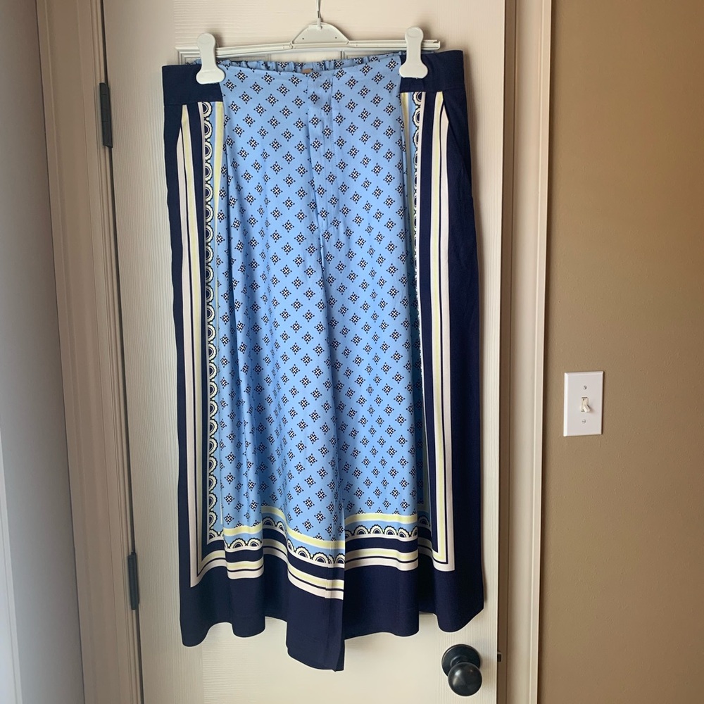 Mauve Light Blue and Navy Patterned Wide-Leg Pants